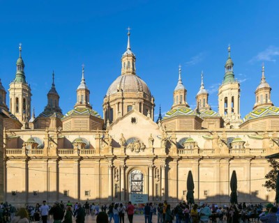 Towers and domes on roof of Basilica of Our Lady of the Pillar cathedral church, Zaragoza, Aragon,