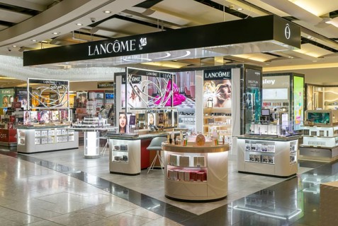 Lancome brands on display Duty Free shopping area in departures lounge area, Terminal 5, London