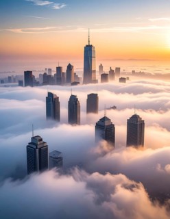 City scape emerging from a dense enveloping fog in sunrise and skyscrapers piercing the haze, big