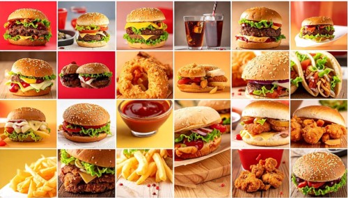 Collage of various fast food meals. beagles, hamburger, cheeseburger, french fries and a view green