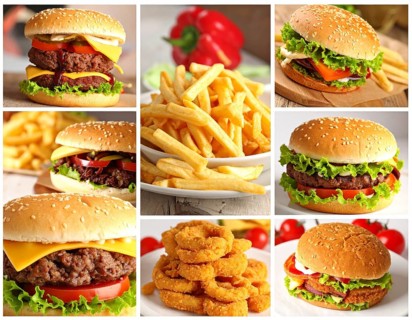 Collage of various fast food meals. beagles, hamburger, cheeseburger, french fries and a view green
