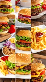 Collage of various fast food meals. beagles, hamburger, cheeseburger, french fries and a view green