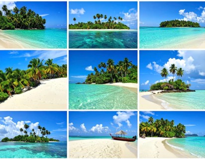 Collage of tropical islands with beach and palm trees, paradise with blue cloudy sky, turquoise