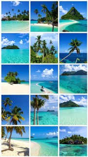 Collage of tropical islands with beach and palm trees, paradise with blue cloudy sky, turquoise