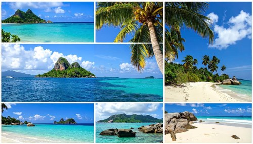 Collage of tropical islands with beach and palm trees, paradise with blue cloudy sky, turquoise