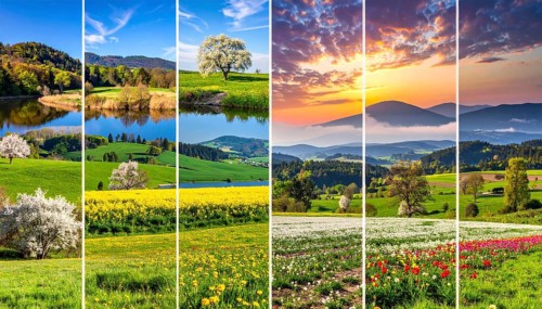 Collage of spring and summer landscapes, blooming flowers, green meadows and trees, hilly landscape