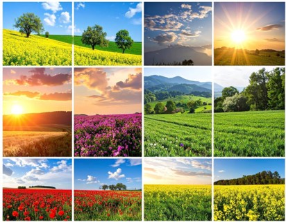 Collage of spring and summer landscapes, blooming flowers, green meadows and trees, hilly landscape