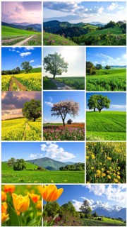 Collage of spring and summer landscapes, blooming flowers, green meadows and trees, hilly landscape