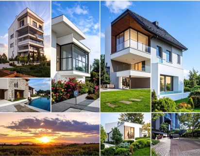 Collage of real estate residential building, modern architecture style, surrounded by green garden,