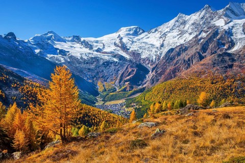 View from Kreuzboden to Saas-Fee with Alalin 4027m, Alphubel 4206m and Mischabel Group 4545m in