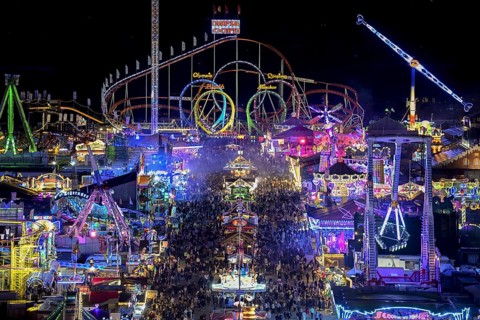 View of Oktoberfest from St. Paul's Catholic Church, Blue Hour, Munich, Bavaria, Germany
