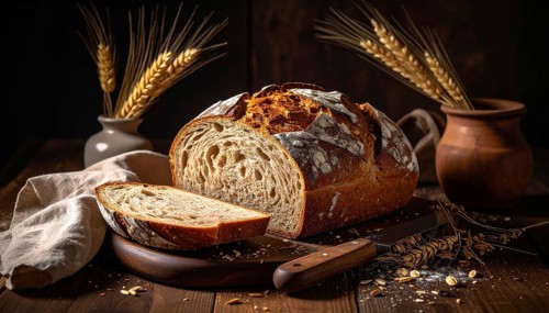 Rustic loaf of whole grain bread, fresh baked, close up of bread on dark wooden table, golden rust,