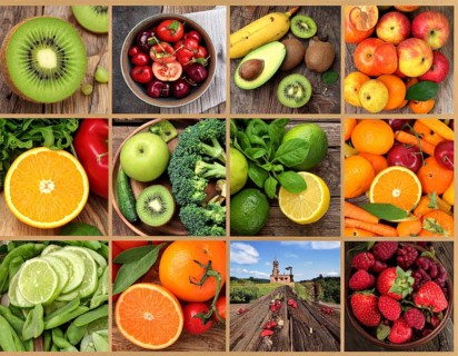 Food collage of various biological and organic fruits and vegetables, fresh healthy lifestyle, with