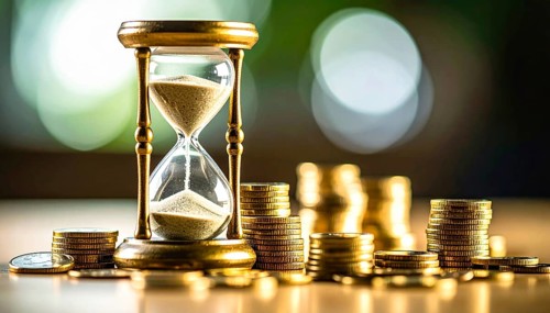 Hourglass and stacked golden coins, illustrating currency fluctuation and time impact commodities