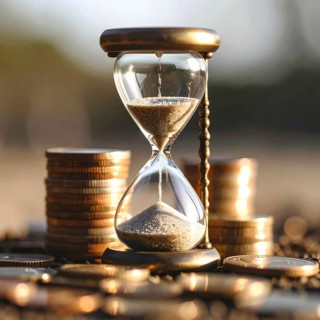 Hourglass and stacked golden coins, illustrating currency fluctuation and time impact commodities