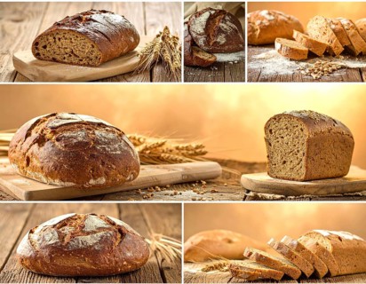 Collage of rustic loaf of whole grain bread, bread on dark rustic wooden table, great variety of