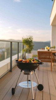 Cooking vegetables on grill on the balcony, healthy lifestyle, vegetarian barbeque, leisure time in