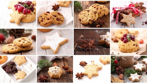 Collage of Christmas cookies and sweets, variation of sweet desserts, lots of unhealthy calories,
