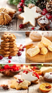 Collage of Christmas cookies and sweets, variation of sweet desserts, lots of unhealthy calories,