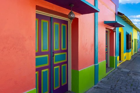 Colorful colonial architecture of historic center of Flores, Guatemala