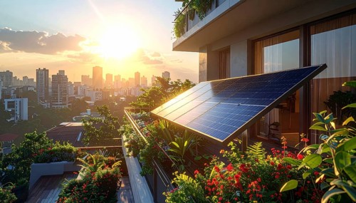 Sunlight Glinting Off Solar Panels on Contemporary Apartment Balcony, energy solution, concept of