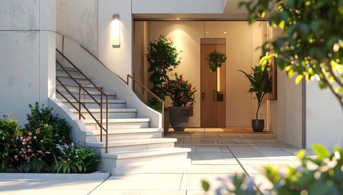 Modern building entrance with stairs, glass facade, and plants in warm evening light, empty