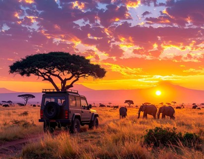 African savannah sunrise with a jeep safari and elephants, AI generated