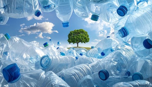Crushed plastic water bottle waste in a wild landscape, symbol for nature protection, waste
