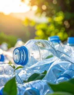 Crushed plastic water bottle waste in a wild landscape, symbol for nature protection, waste