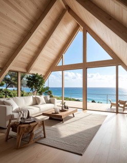 Peaceful A-frame cabin interior with ocean views, real estate lifestyle and travel destination,