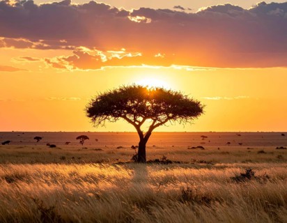 Single acacia tree in the savannah at sunset, solitude in the wild, dry grass in the foreground,