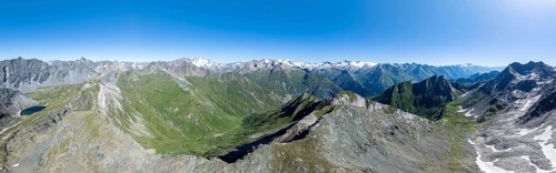 360° alpine panorama, aerial view with summit of Grossvenediger, Venediger Group and Lasörling