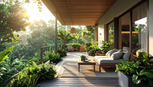 An eco-friendly porch designed for sustainable living in an environmentally-conscious home, lush