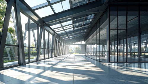 Modern architectural framework with glass and steel structure, glass facade with a greed of steel