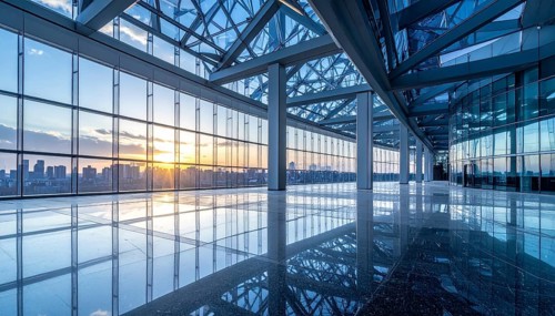 Modern architectural framework with glass and steel structure, glass facade with a greed of steel