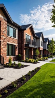 Modern apartment building with balconies and well-kept landscaping at sunset, Modern multifamily