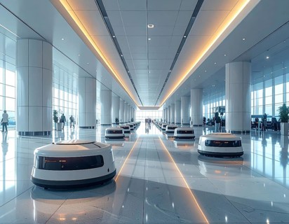 Autonomous cleaning roboter at modern airport terminal, showcasing advanced technology, daylight in