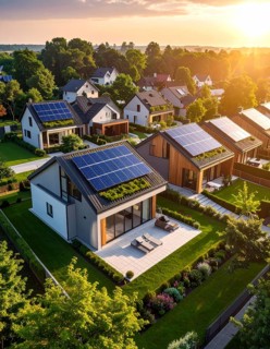 Aerial view showcases modern houses with solar panels and green roofs in a suburban setting,