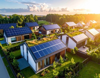 Aerial view showcases modern houses with solar panels and green roofs in a suburban setting,