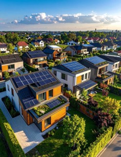 Aerial view showcases modern houses with solar panels and green roofs in a suburban setting,