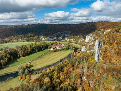 Aerial view of Käppeler Manor with St. George's Basilica near Thiergarten in the Upper Danube