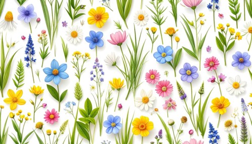 Vibrant wildflowers and grass create a colorful and joyful floral pattern, Variety of wild flowers,