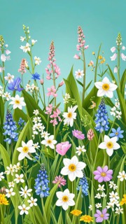 Vibrant wildflowers and grass create a colorful and joyful floral pattern, Variety of wild flowers,
