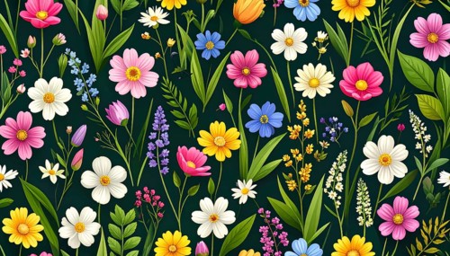 Vibrant wildflowers and grass create a colorful and joyful floral pattern, Variety of wild flowers,