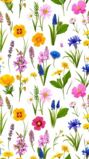 Vibrant wildflowers and grass create a colorful and joyful floral pattern, Variety of wild flowers,