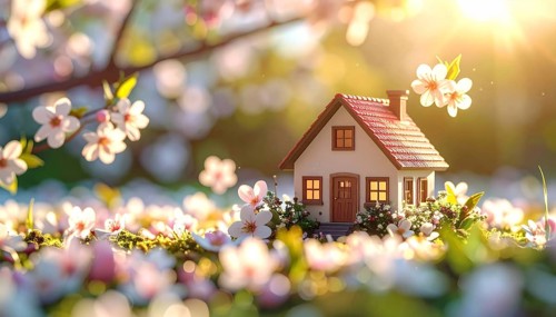 A miniature house surrounded by blooming cherry blossoms and warm sunlight, creating a peaceful and