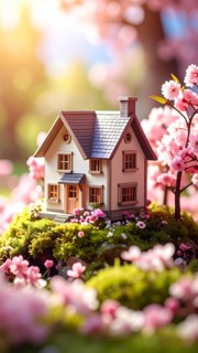 A miniature house surrounded by blooming cherry blossoms and warm sunlight, creating a peaceful and
