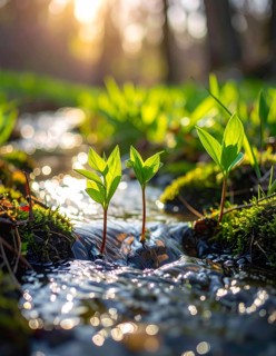 Beautiful spring detailed stream of fresh water, vibrant blooming young green plants, wallpaper