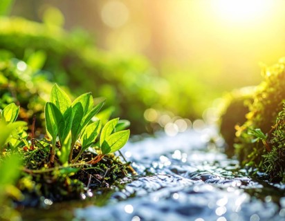 Beautiful spring detailed stream of fresh water, vibrant blooming young green plants, wallpaper