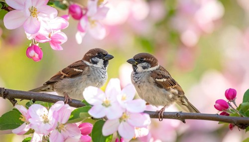 Small funny Sparrow Chicks sit in the garden surrounded by pink Apple blossoms on a Sunny may day,